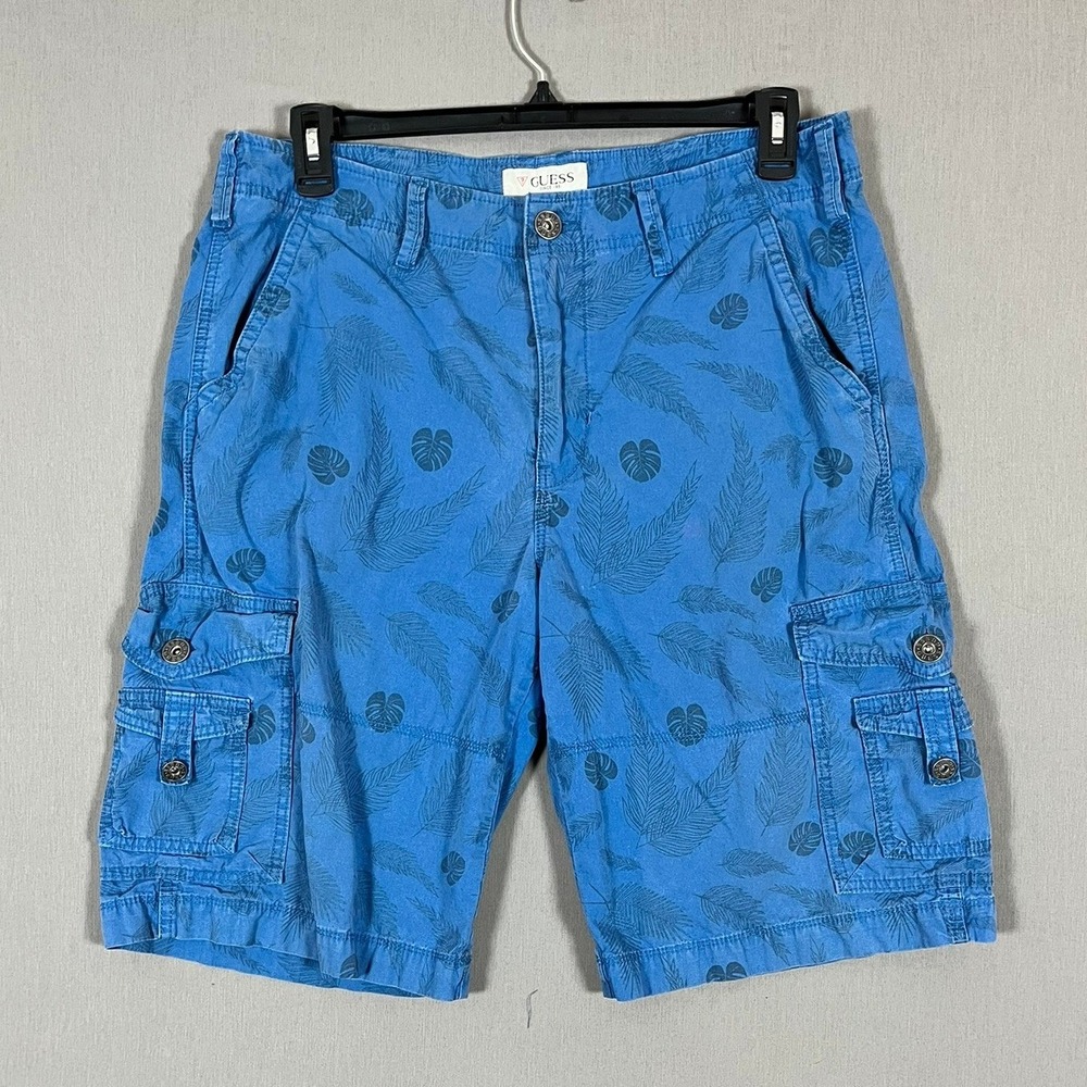 Guess Cargo Shorts Mens 36 Blue Tropical Leaf Print Utility Cotton